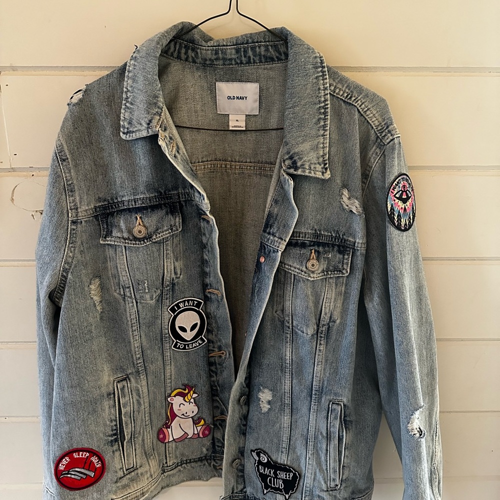 Old Navy Light Blue Distressed Womens Denim Jacket with Patches